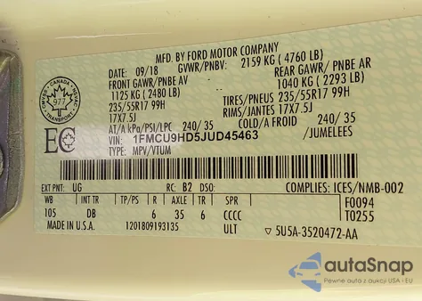 2018 Ford Escape Sel из США, поврежденный, VIN 1FMCU9HD5JUD45463